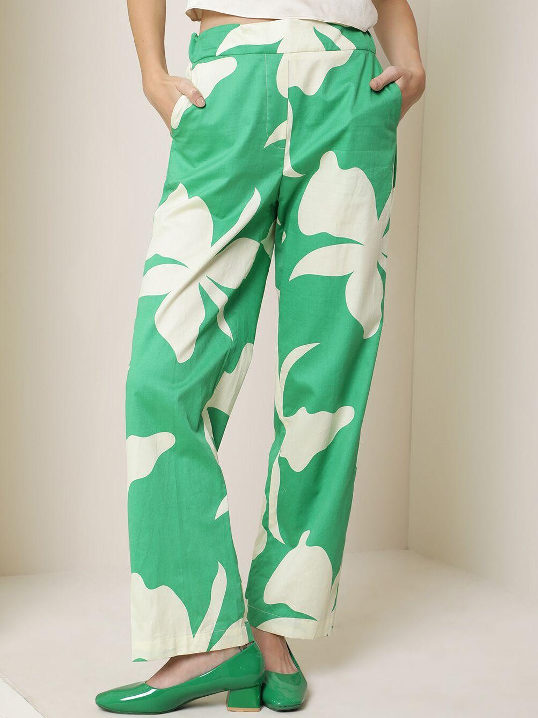 rareism women floral printed slim fit cotton trousers