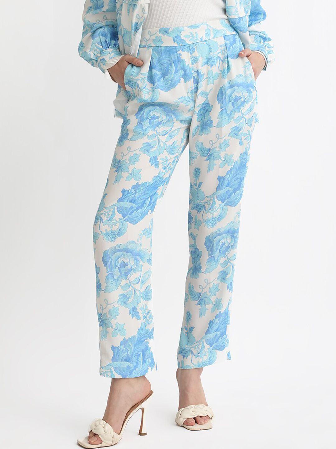 rareism women floral printed slim fit high-rise trousers