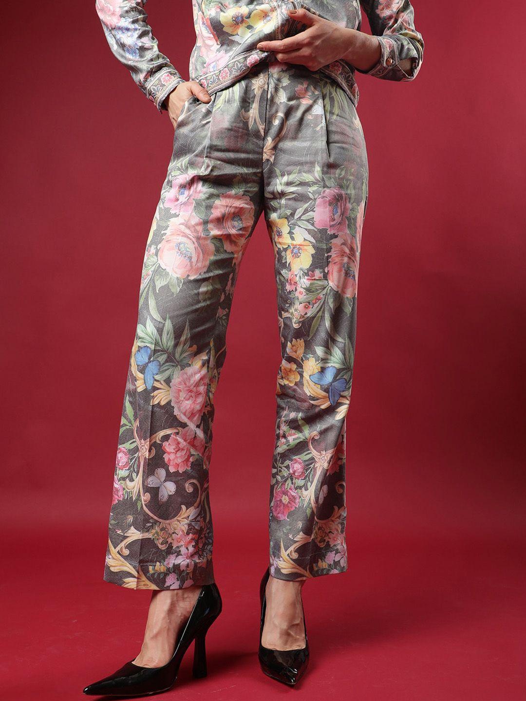 rareism women floral printed slim fit pleated trousers
