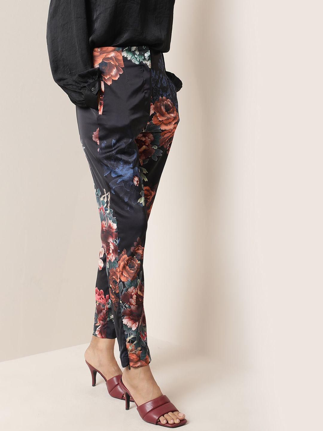 rareism women floral printed slim fit trousers