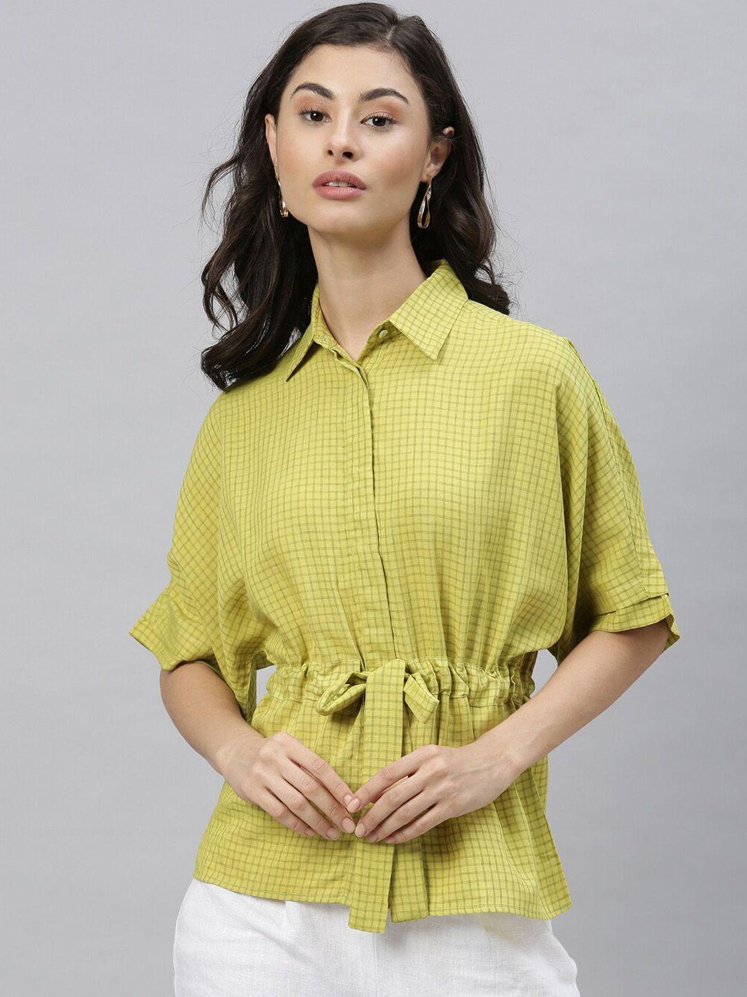 rareism women green checked kimono sleeves cinched waist top