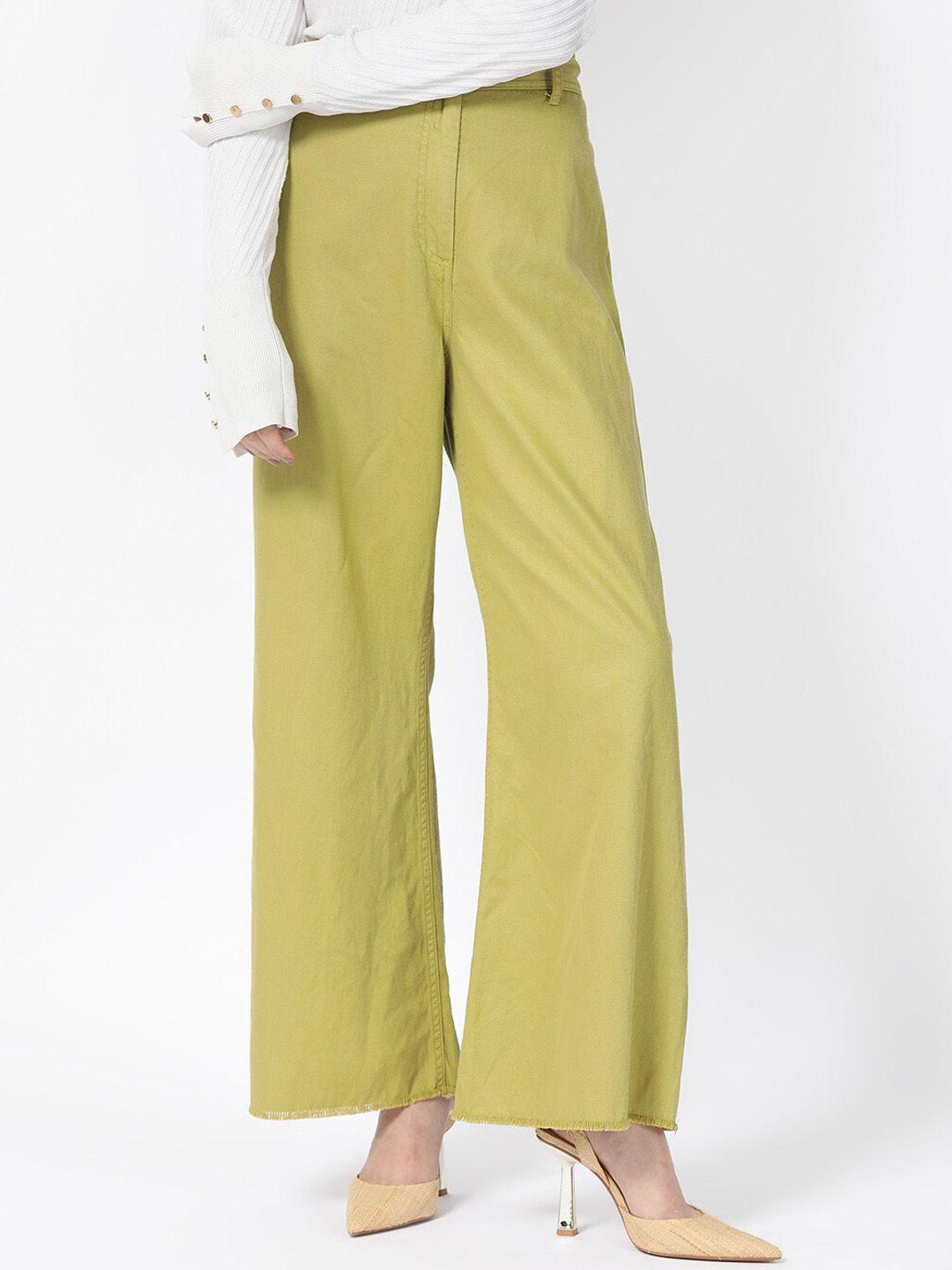 rareism women green slim fit high-rise trousers