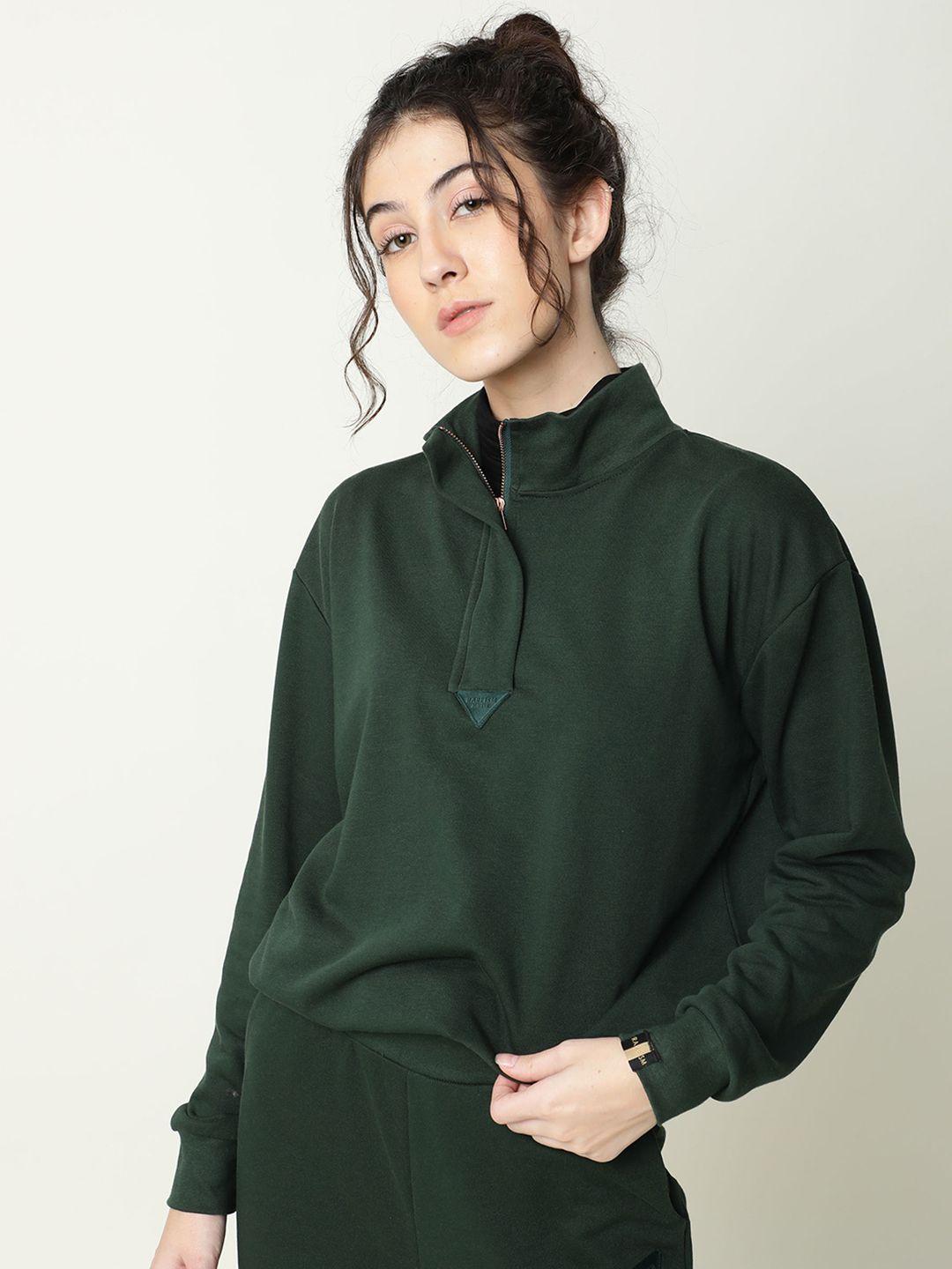 rareism women green solid cotton sweatshirt