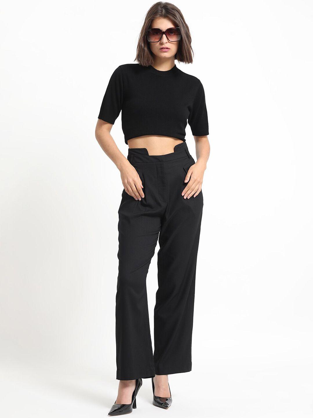 rareism women mid rise plain slim fit trousers