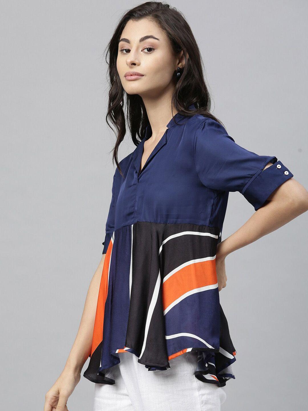 rareism women navy blue & orange colourblocked empire top