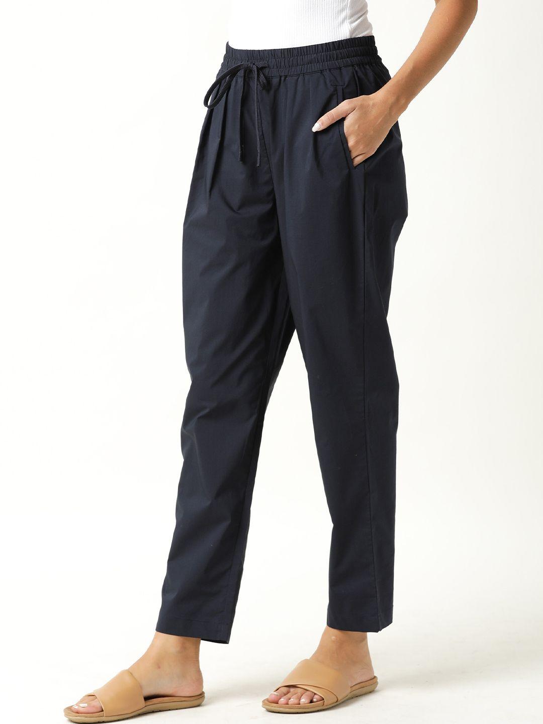 rareism women navy blue high-rise pleated trousers