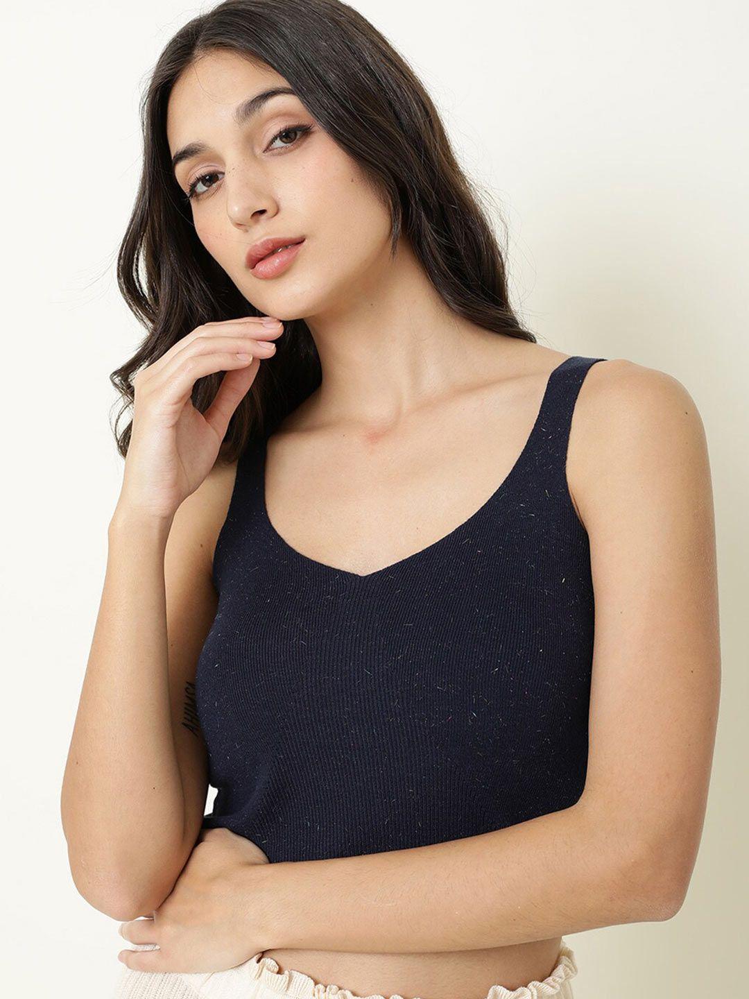 rareism women navy blue ribbed crop cotton sweater vest