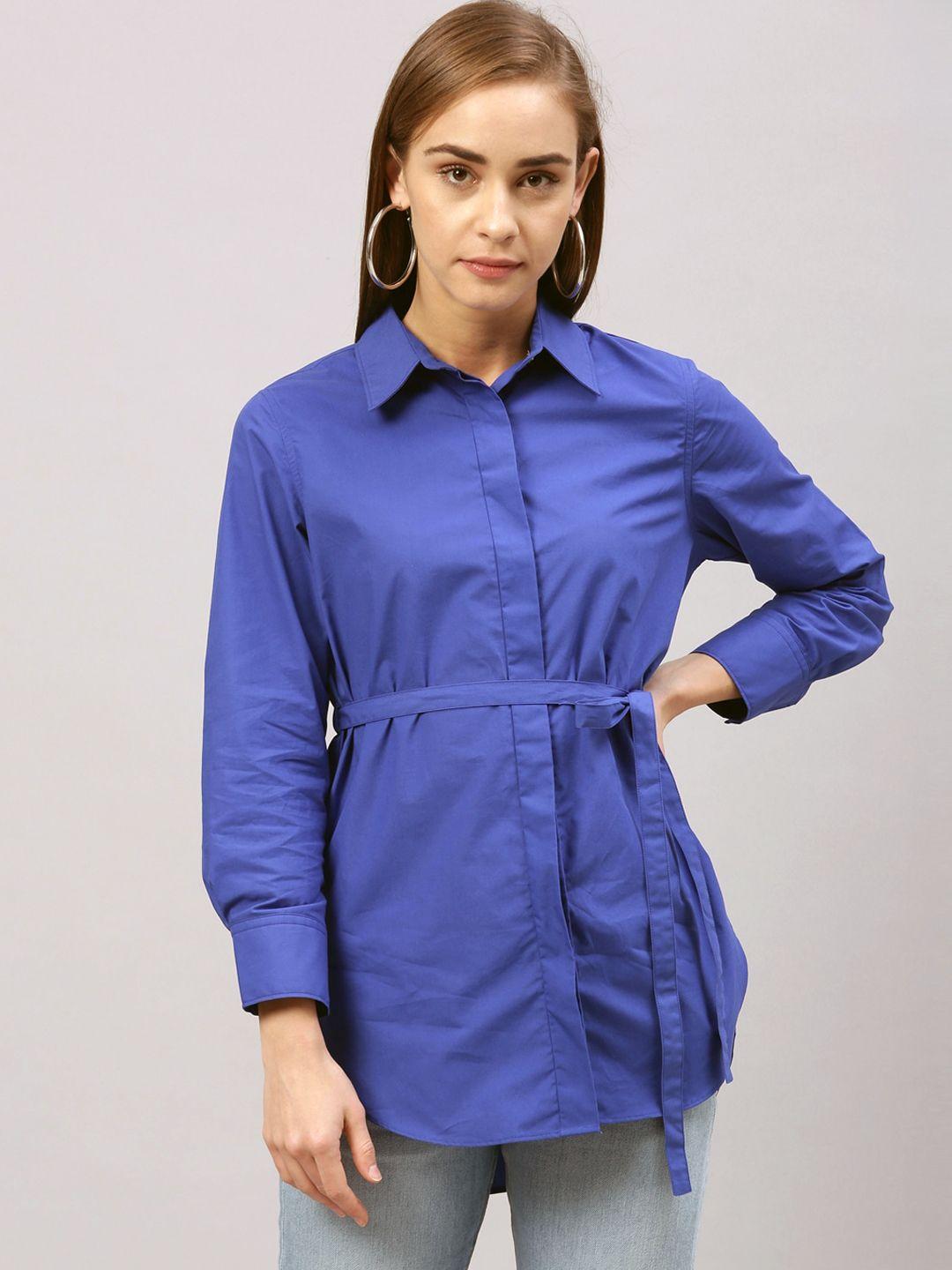 rareism women navy blue solid shirt style pure cotton top