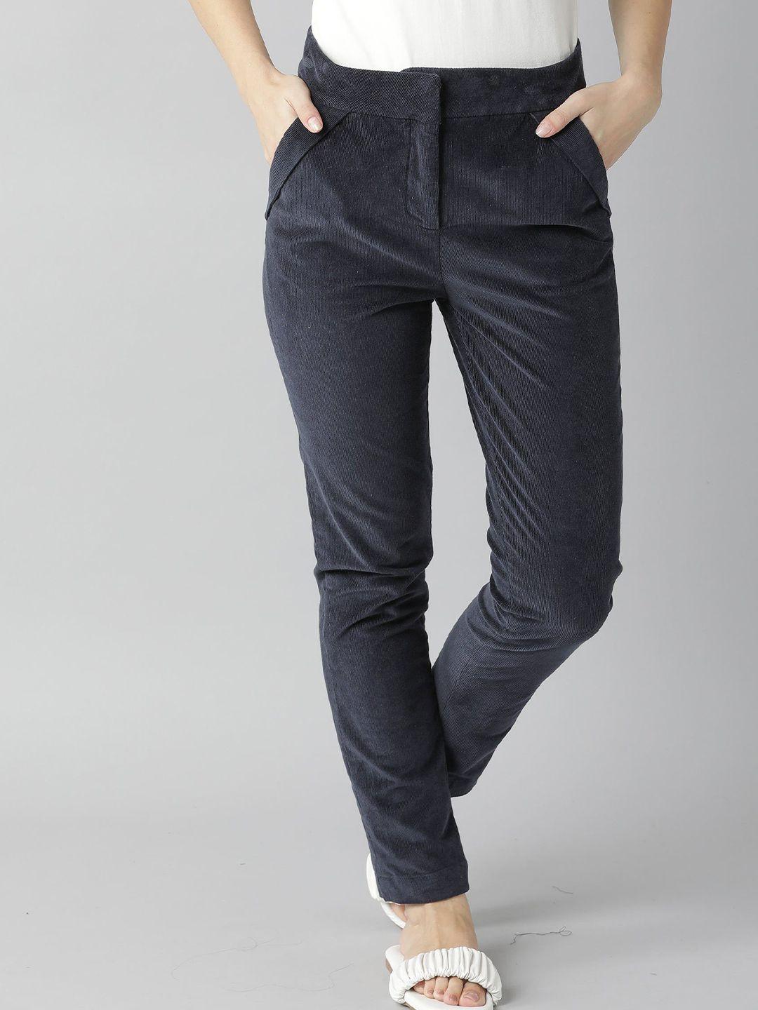 rareism women navy blue tapered fit corduroy trousers