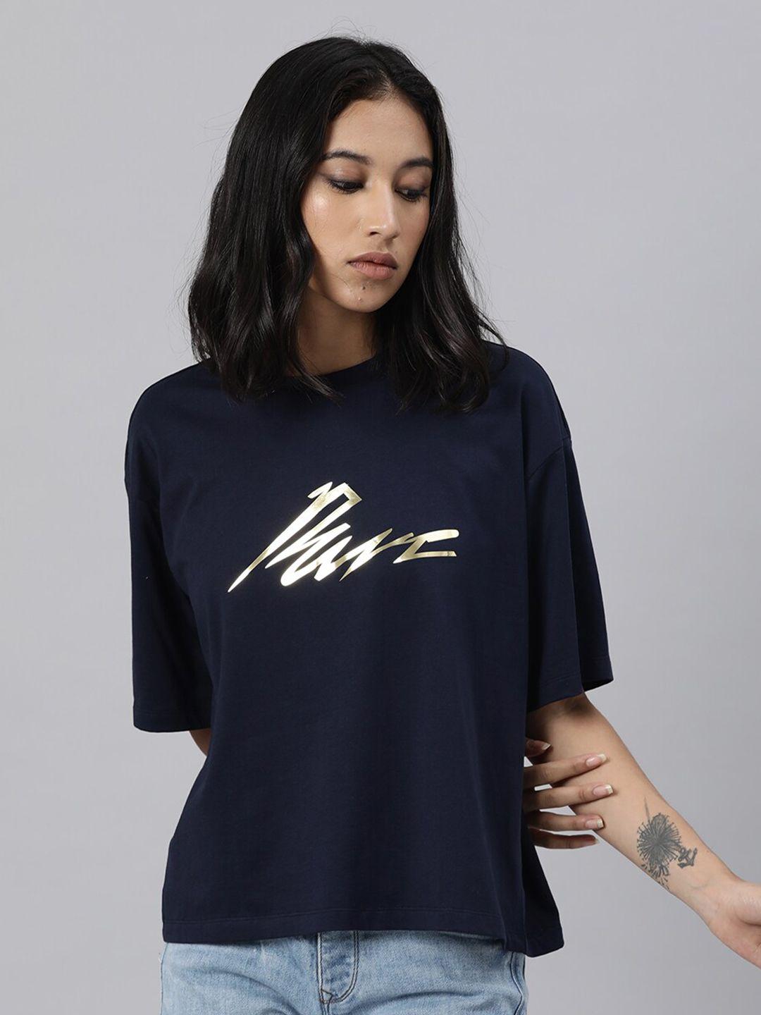 rareism women navy blue typography printed round neck loose t-shirt