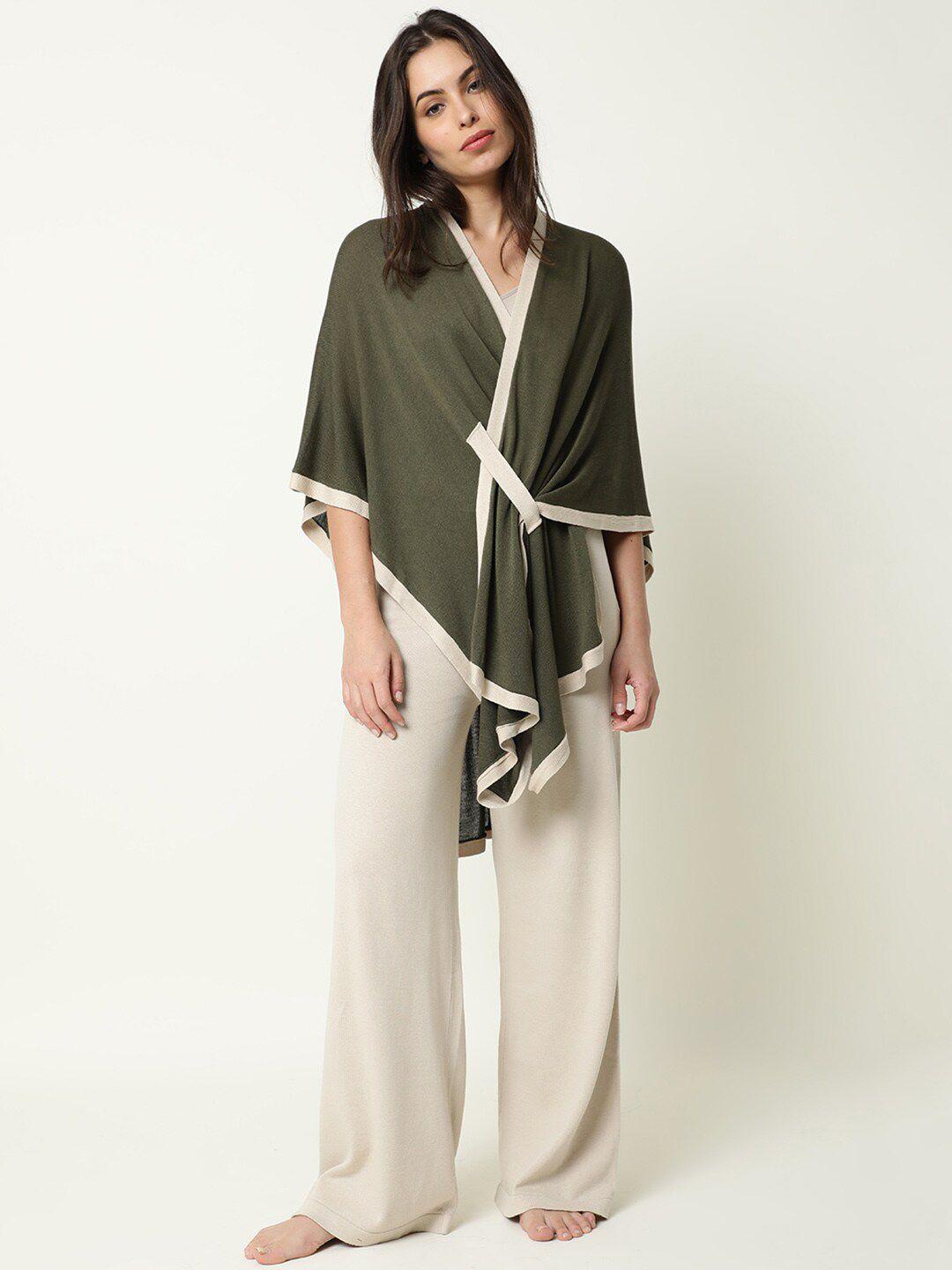 rareism women olive green & white longline tie-up shrug