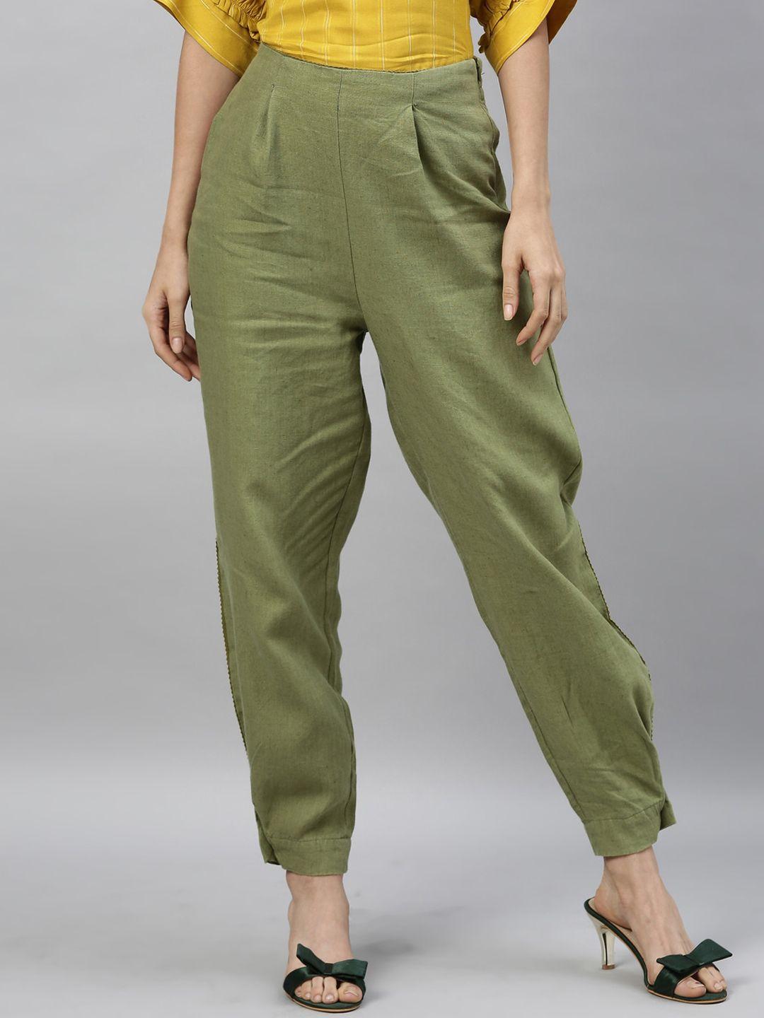 rareism women olive green pleated anti fit trousers