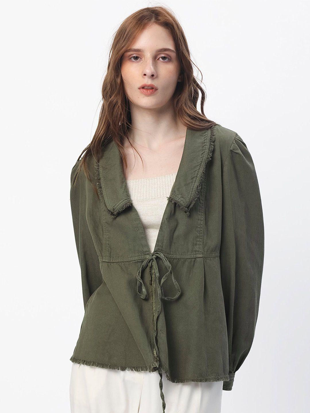 rareism women olive green tie-up shrug