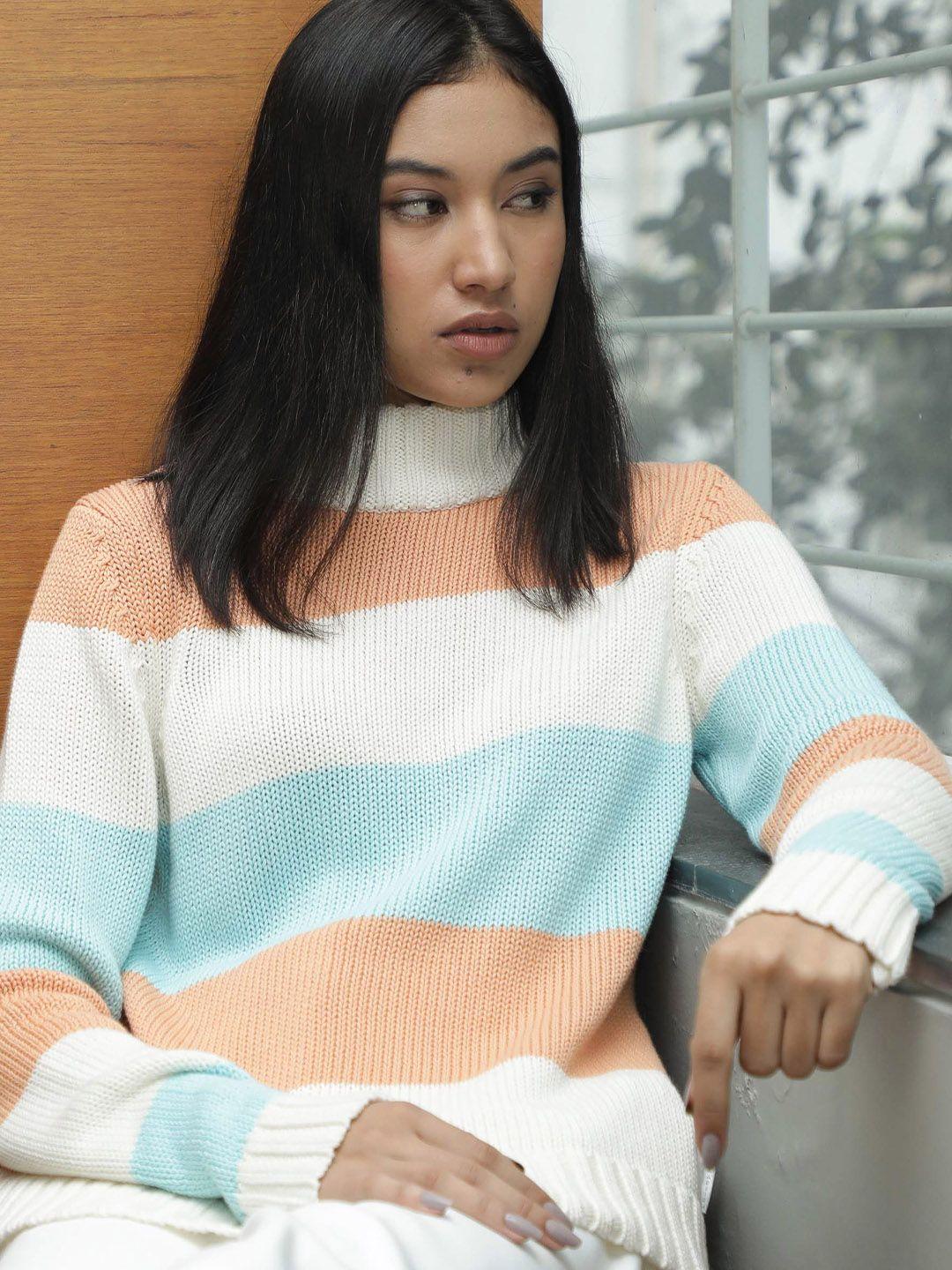 rareism women orange & white cotton colourblocked pullover