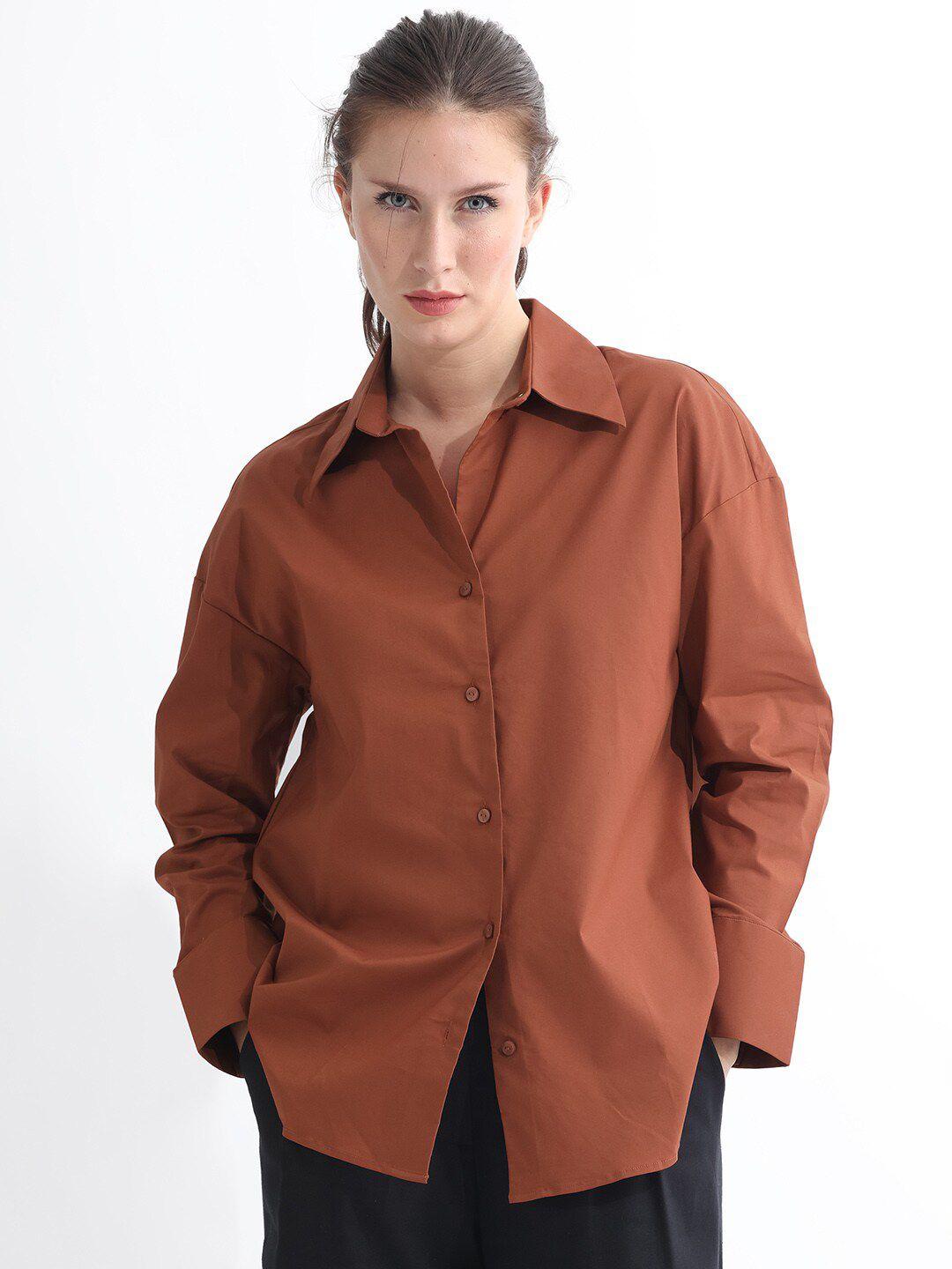 rareism women orange slim fit casual shirt