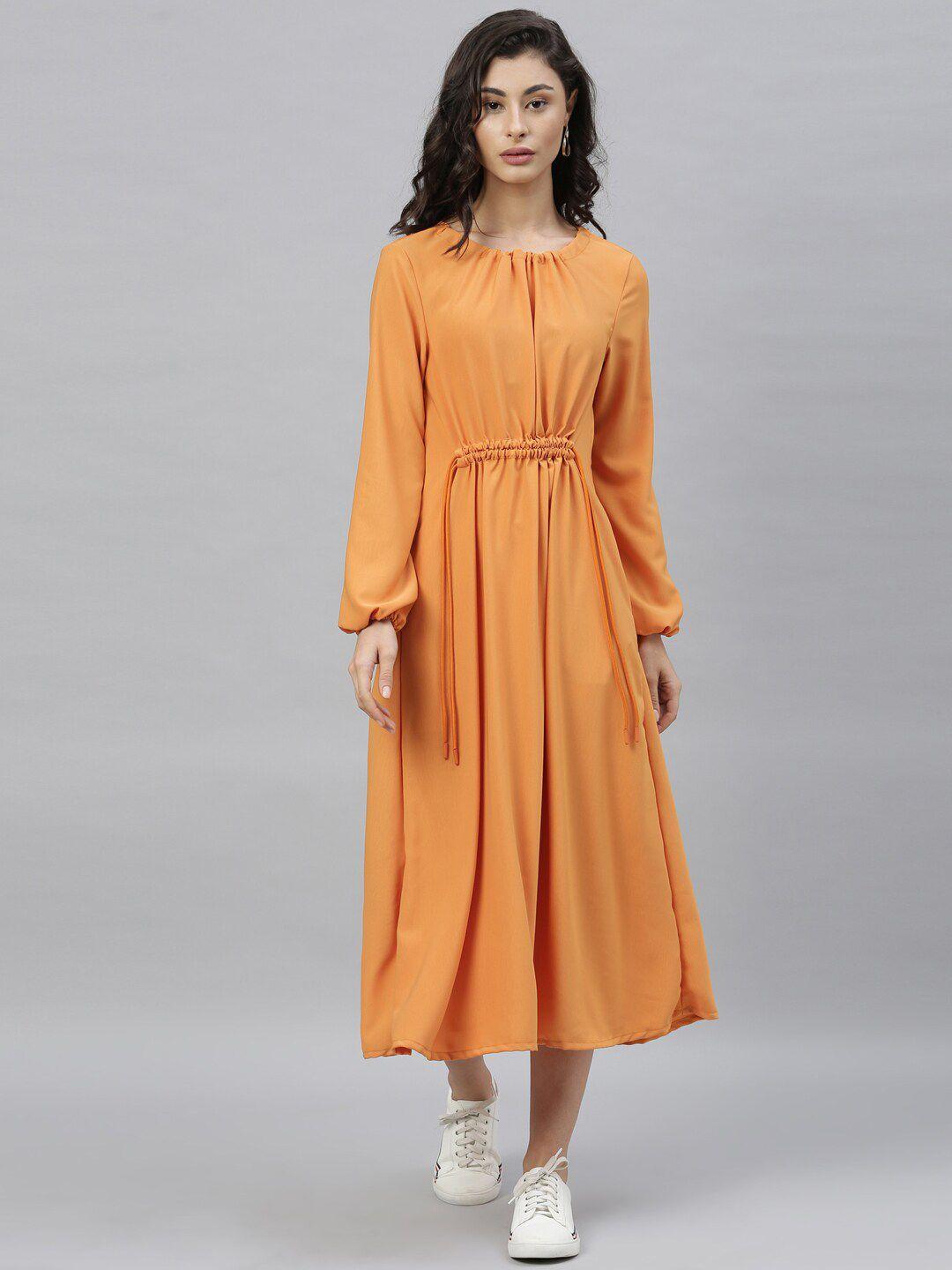 rareism women orange solid a-line midi dress