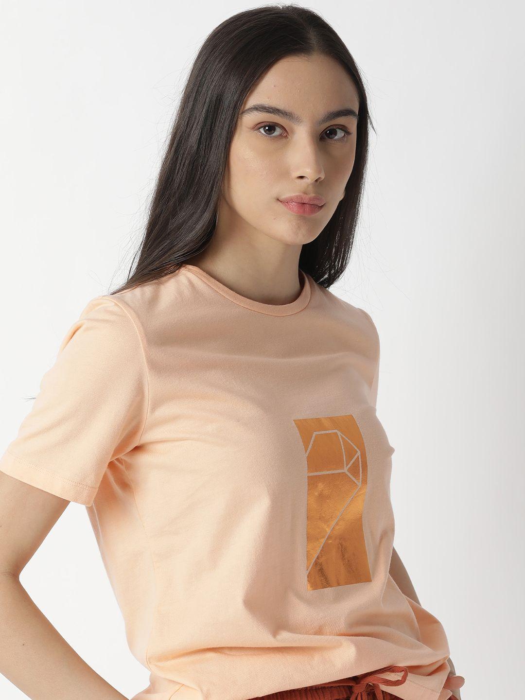 rareism women peach-coloured printed pure cotton slim fit t-shirt