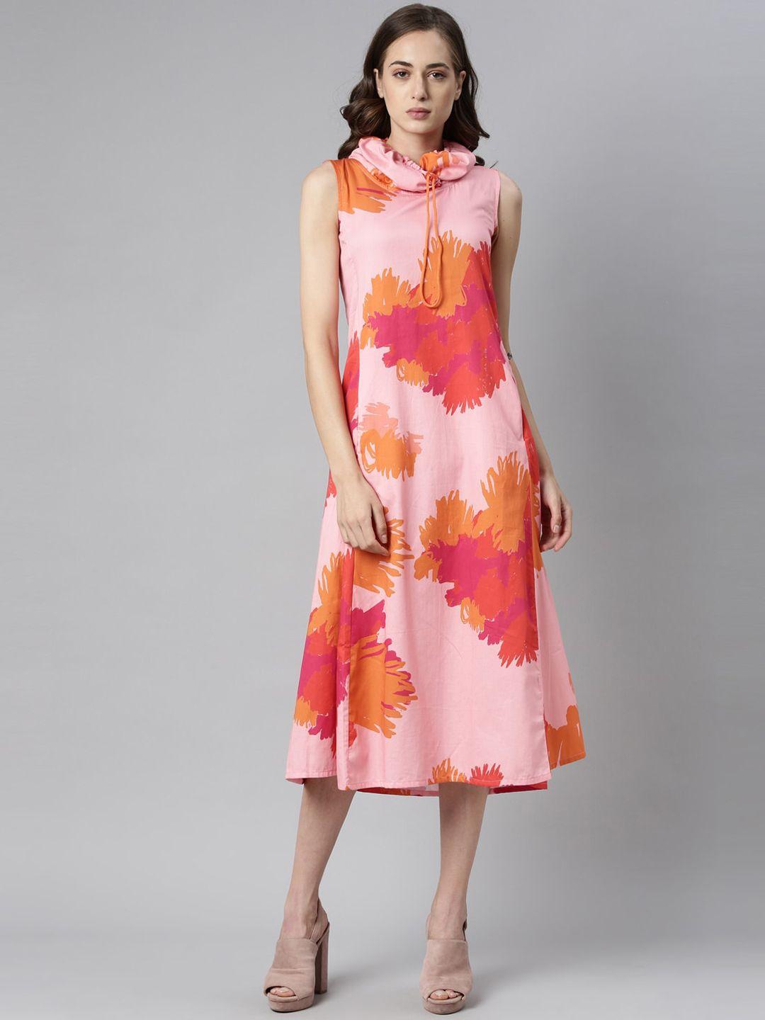 rareism women pink & orange printed hooded midi dress