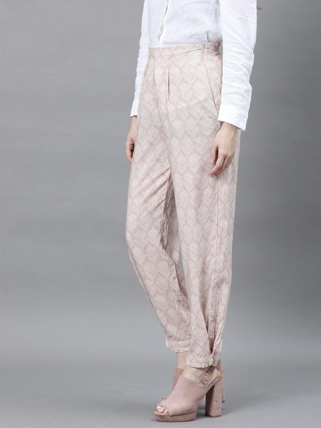 rareism women pink & white ethnic motifs printed pleated trousers
