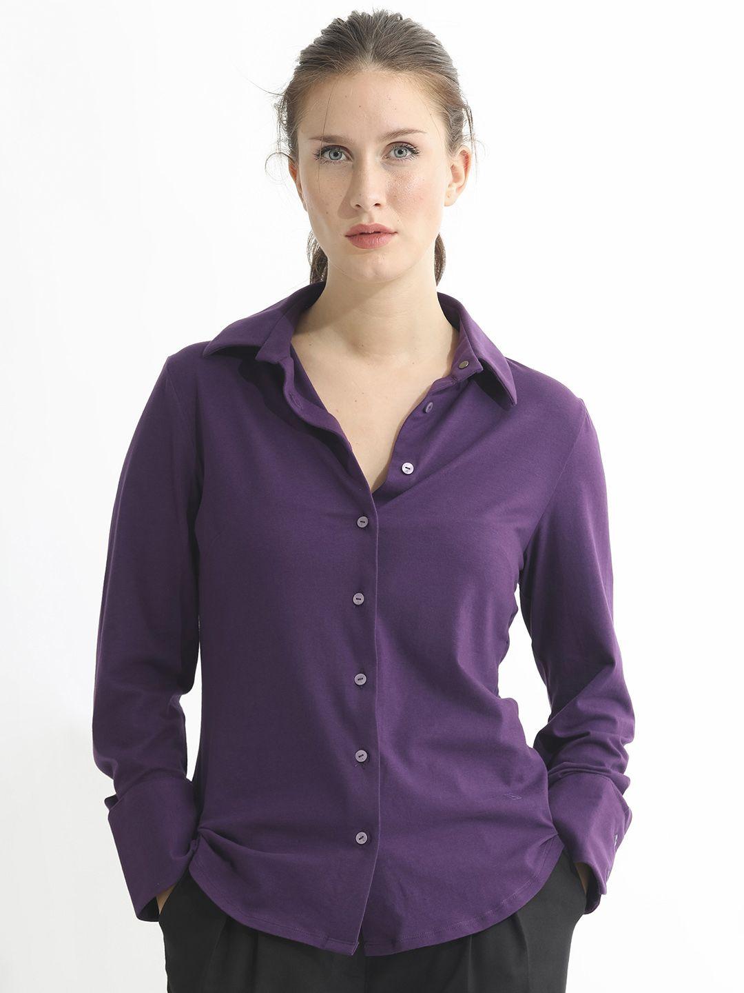 rareism women purple slim fit opaque casual shirt