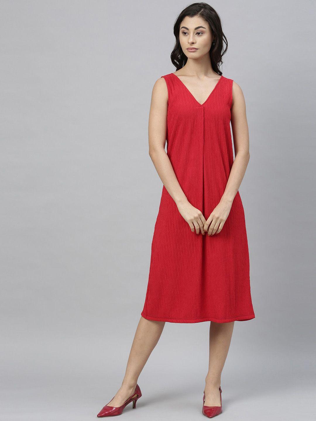 rareism women red solid a-line dress