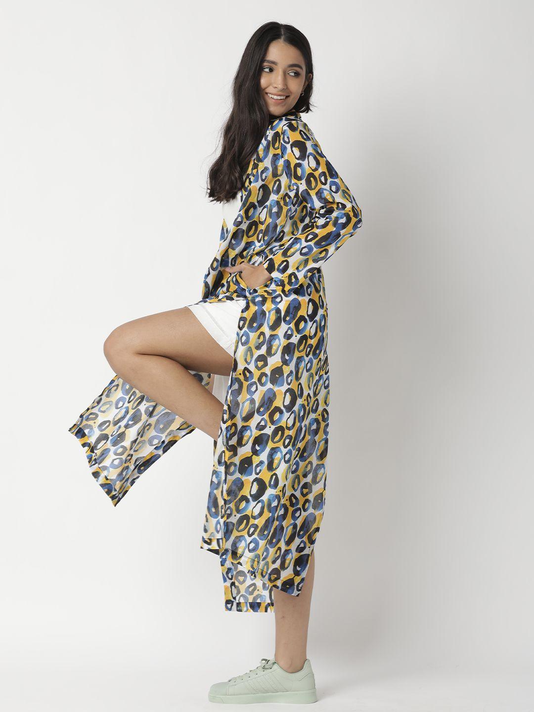 rareism women yellow & blue printed longline shrug