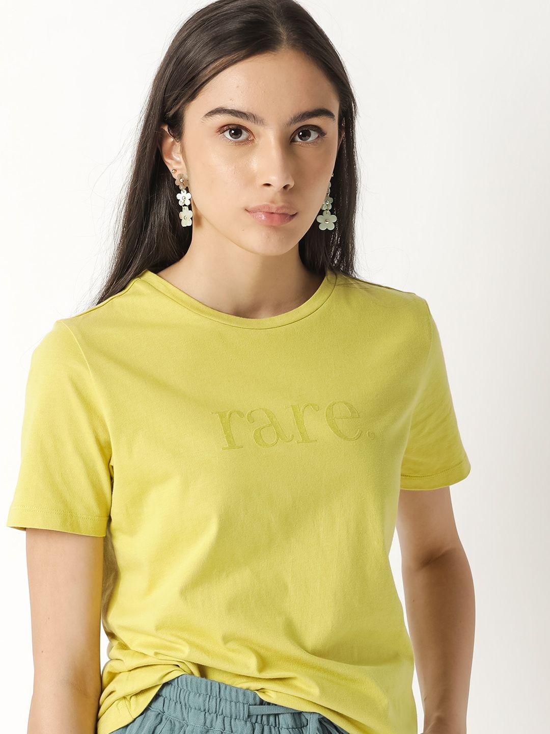 rareism women yellow pure cotton slim fit t-shirt