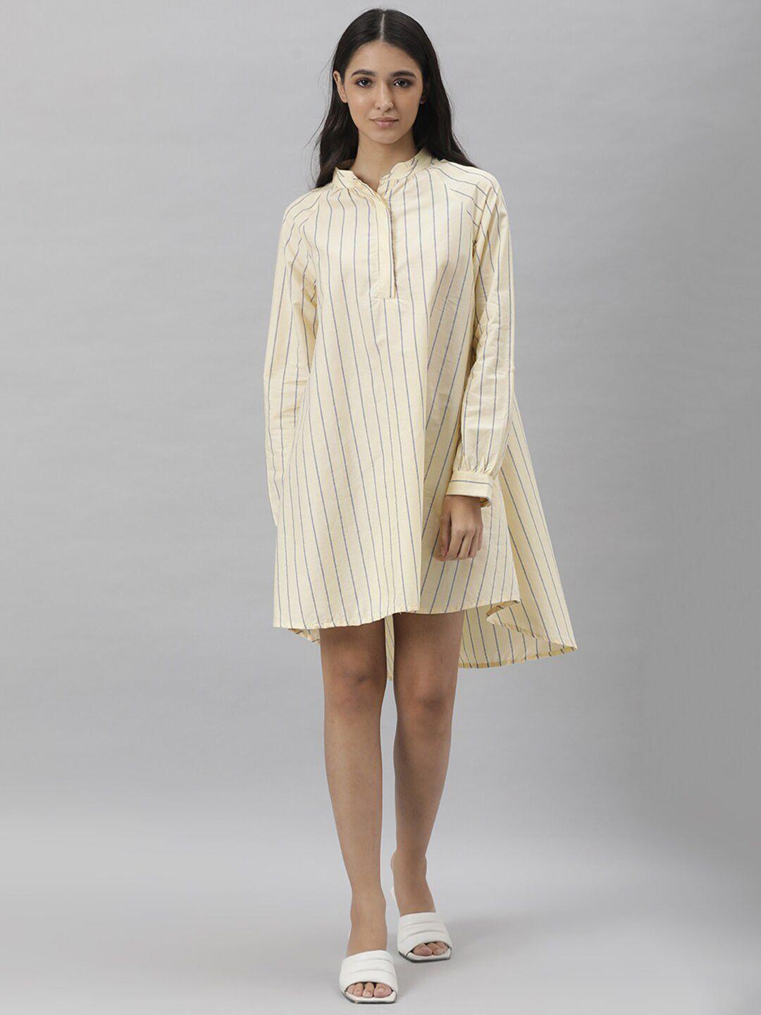 rareism yellow & grey striped cotton shirt dress