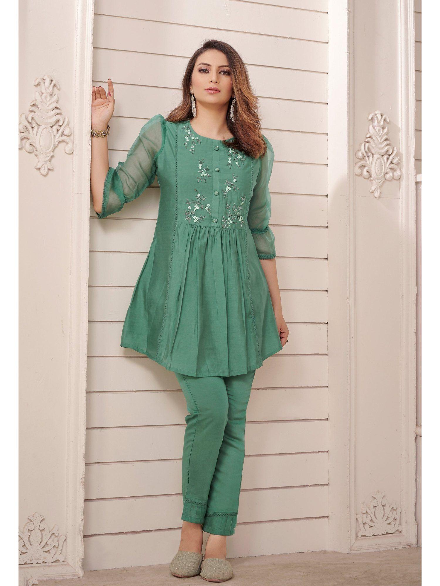 rashi green handwork kurti with pant (set of 2)