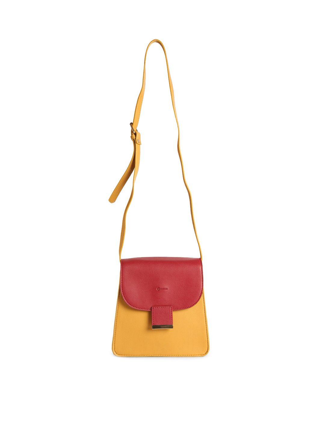 rashki mustard colourblocked pu structured sling bag with tasselled