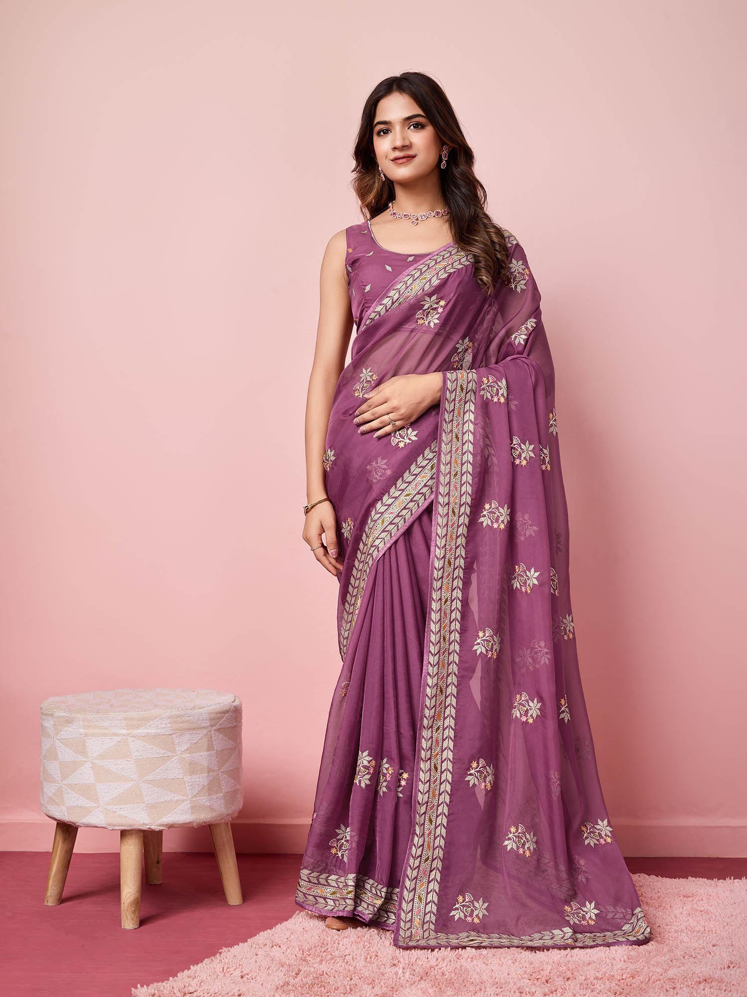 rashmika purple organza embroidered work saree with unstitched blouse