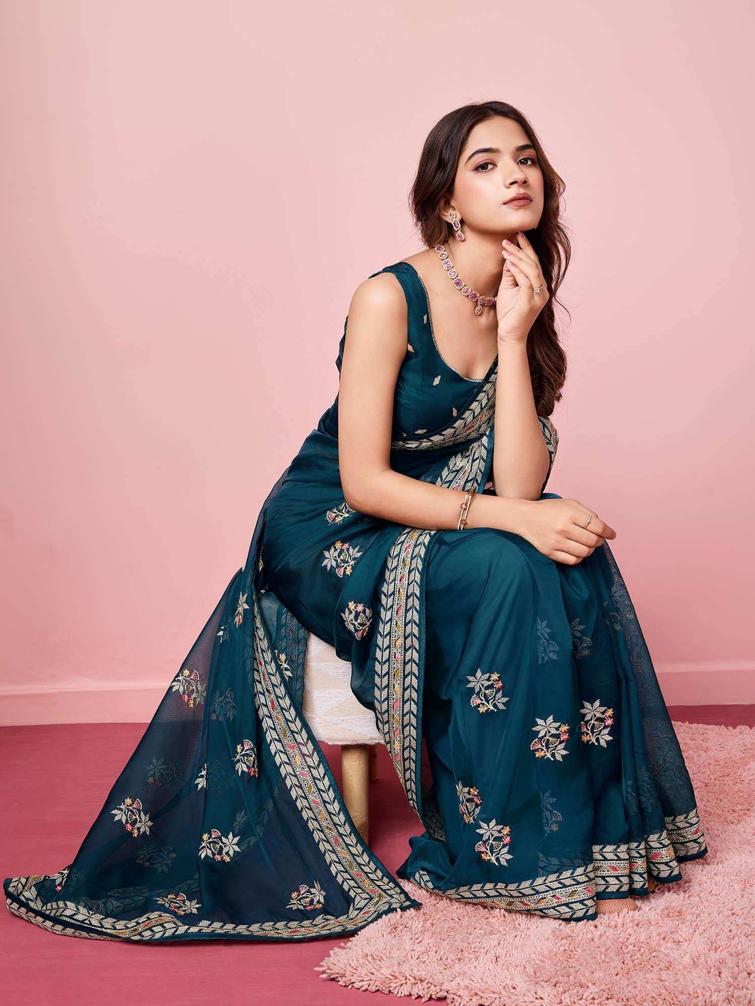 rashmika teal organza embroidered work saree with unstitched blouse