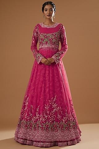 raspberry embroidered gown with overlay