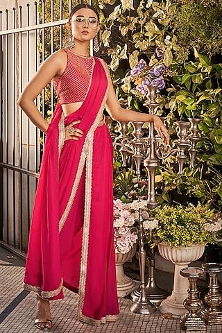 raspberry embroidered saree set