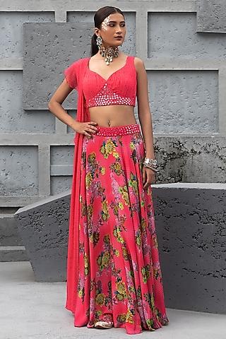 raspberry pink crepe printed lehenga set