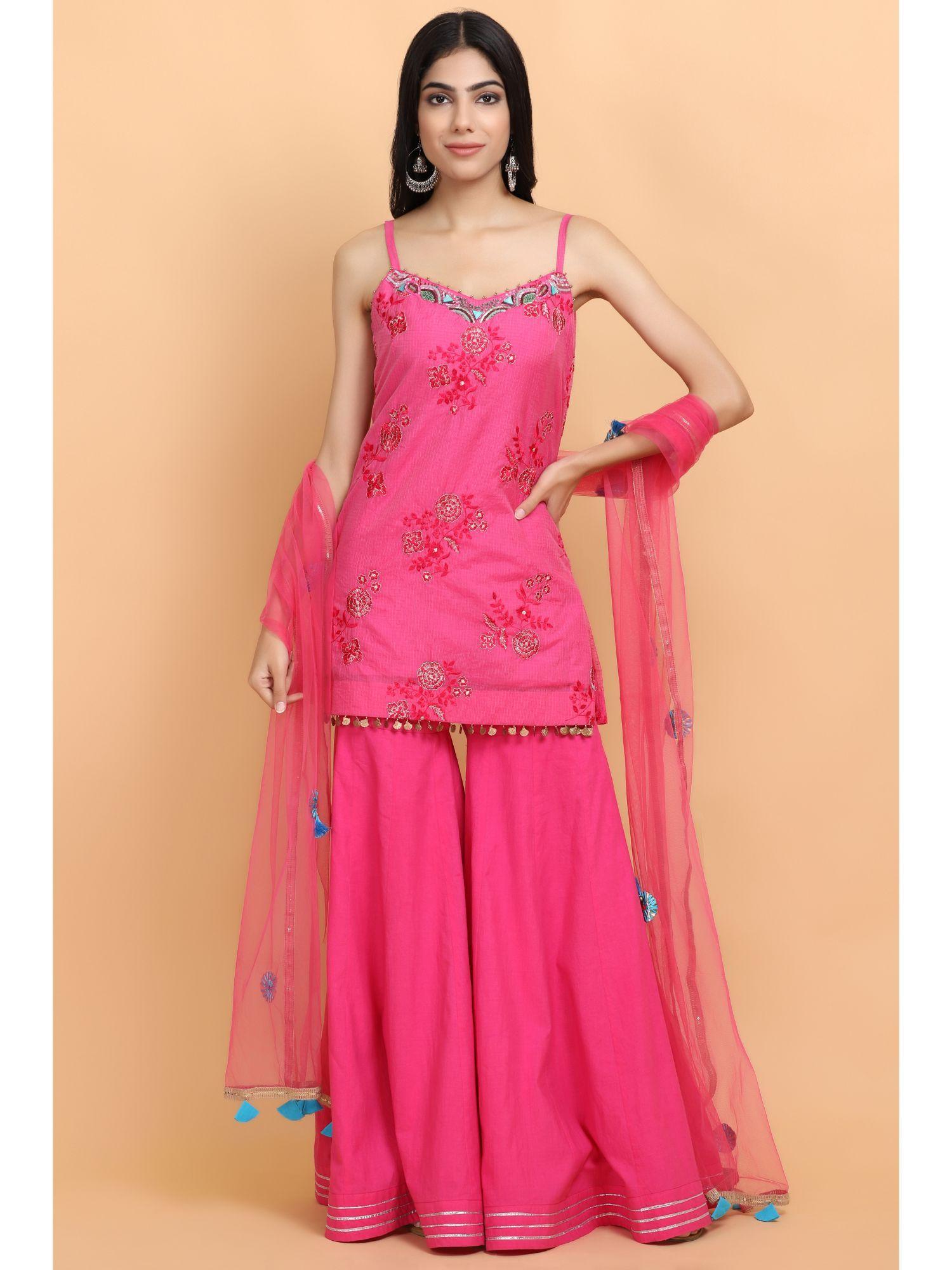 raspberry pink kurta sharara with dupatta (set of 3)