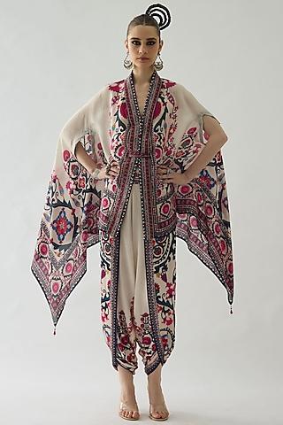 raspberry pink silk printed cape set