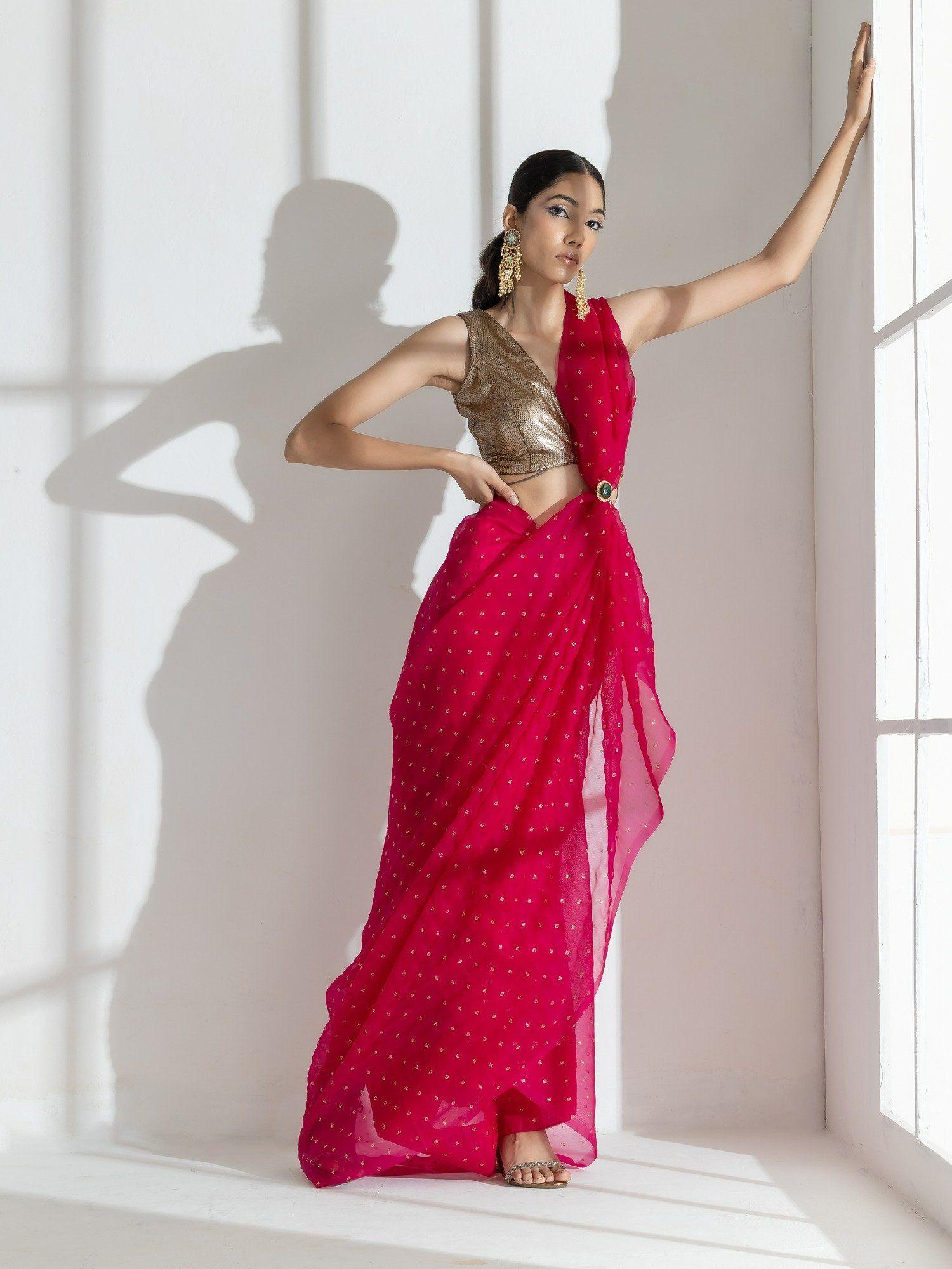 raspberry purple net saree with gold print and bronze latkan