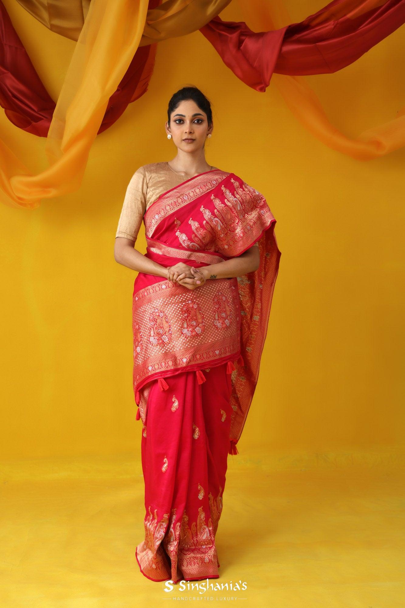 raspberry red banarasi satin saree with floral paisley motif