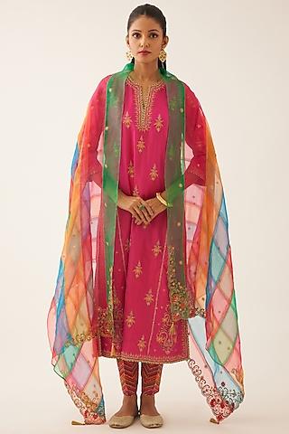 raspberry silk thread embroidered kalidar straight kurta set