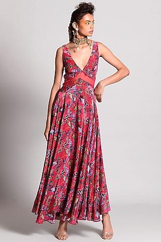 raspberry tropical printed maxi dress