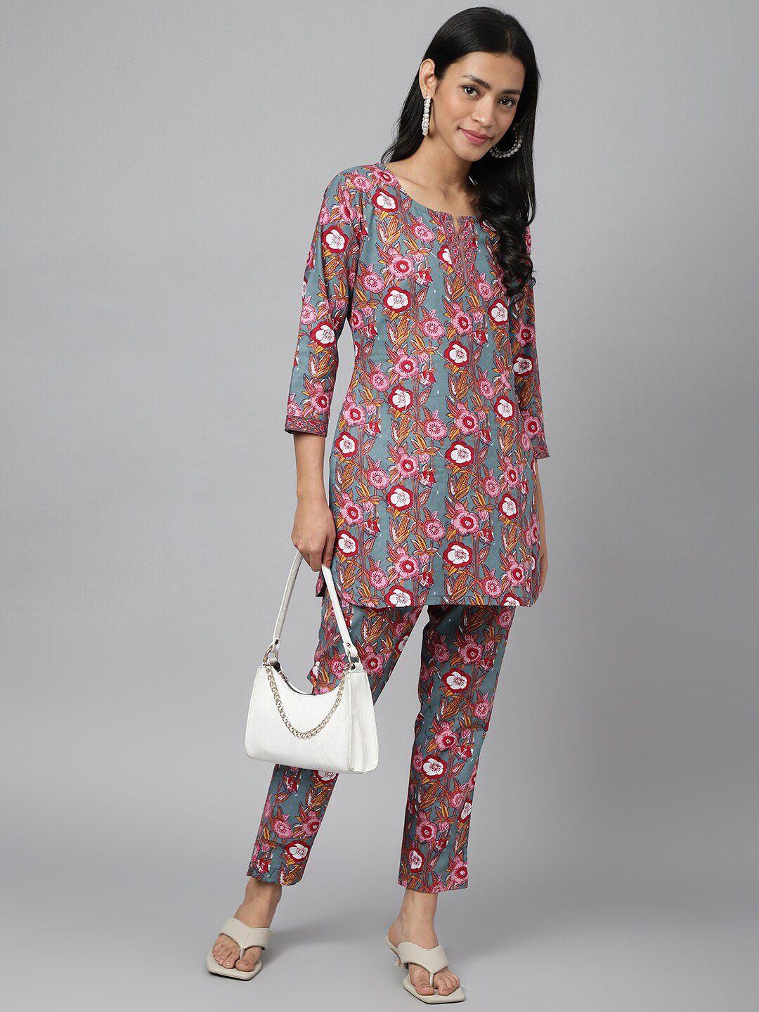 ratan floral printed pure cotton tunic with trousers