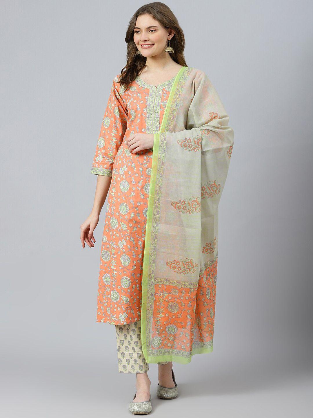 ratan notch neck floral printed pure cotton straight kurta with trousers & dupatta