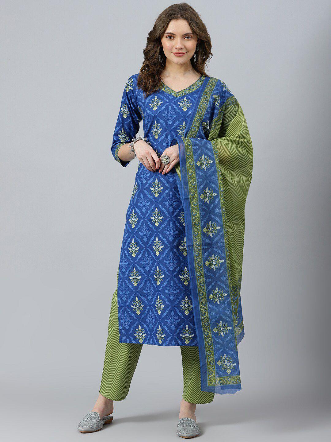 ratan v-neck floral printed pure cotton straight kurta with trousers & dupatta