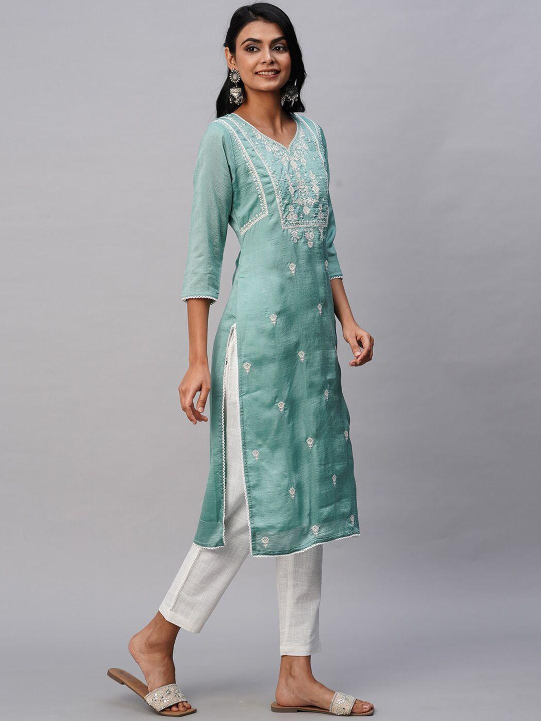ratan ethnic motifs embroidered chikankari pastels chanderi silk kurta