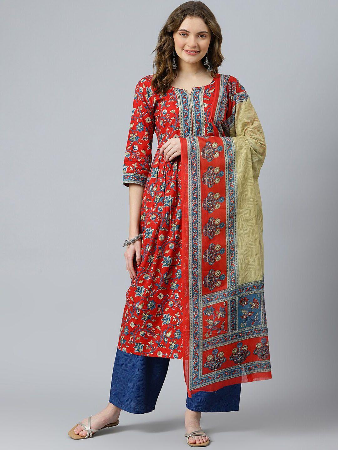 ratan floral printed gotta patti pure cotton kurta with trousers & dupatta