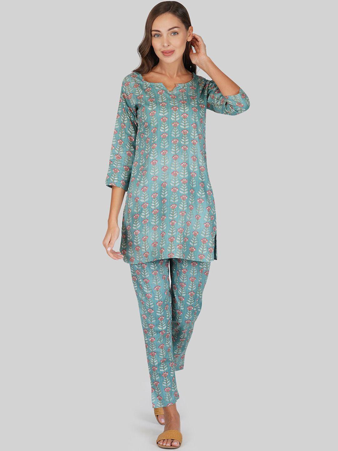 ratan floral printed notched neck pure cotton kurti with lounge pants