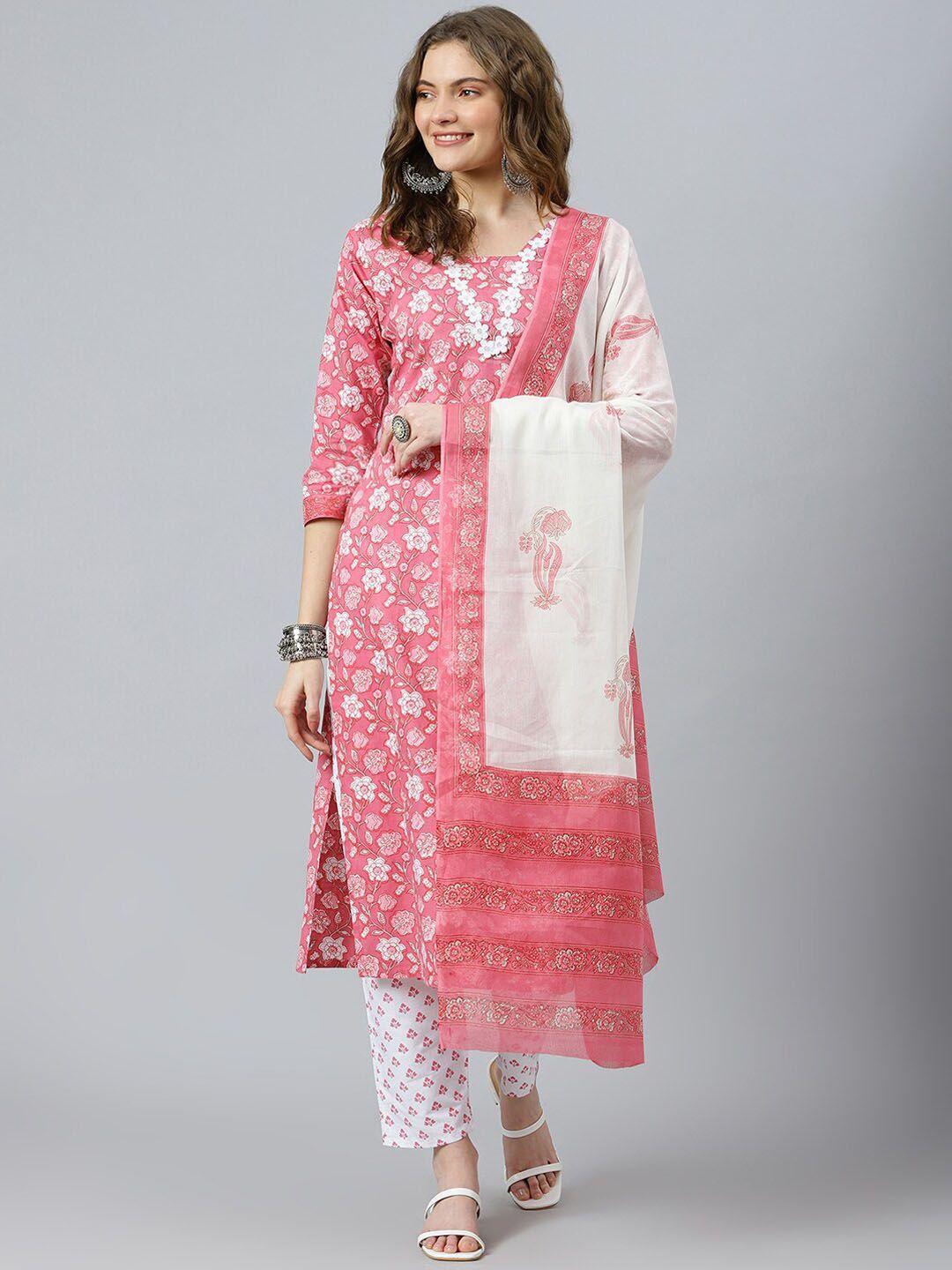 ratan floral printed pure cotton kurta with trousers & dupatta