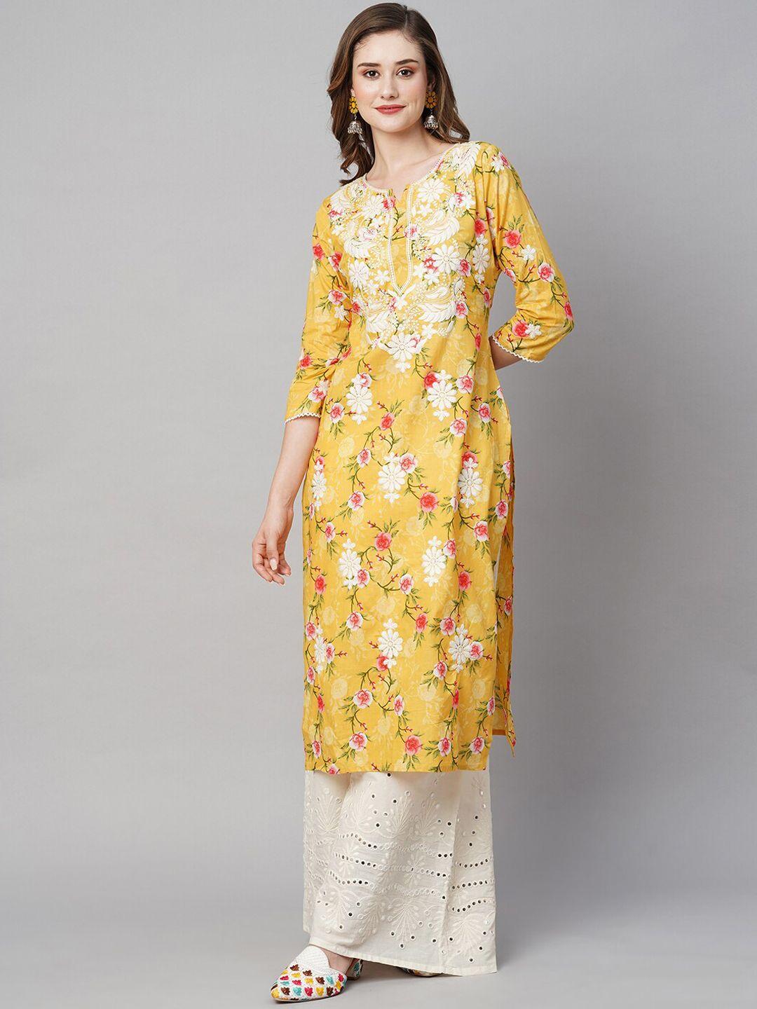 ratan floral screen printed thread work pure cotton straight kurta