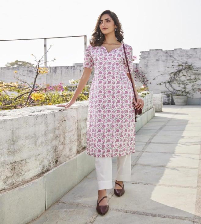 ratan jaipur white & pink sooti basic cotton straight kurta